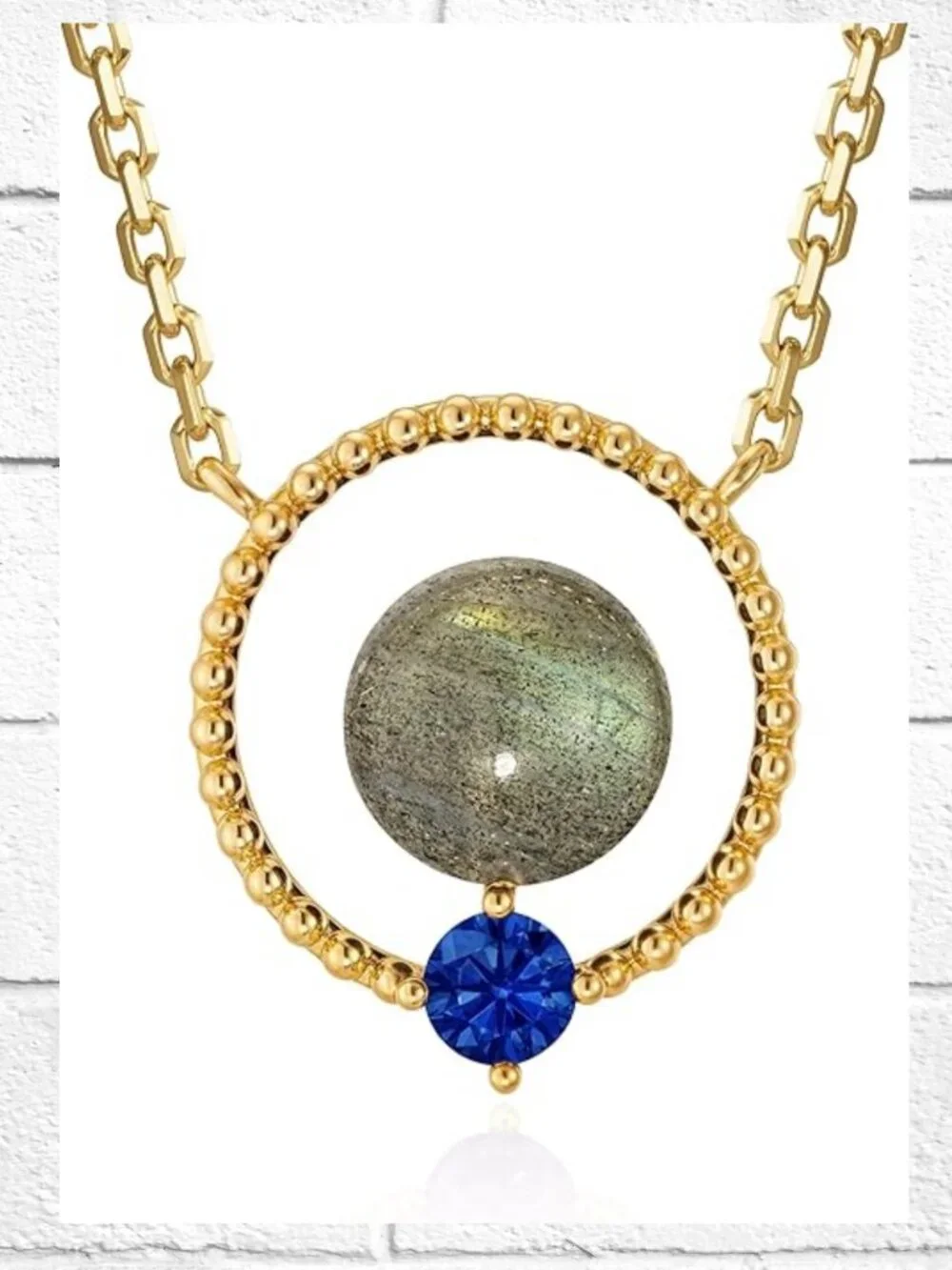 NWT! Womens Fashion 14K Gold-Plated Necklace with Beaded Bezel & Dual Stones